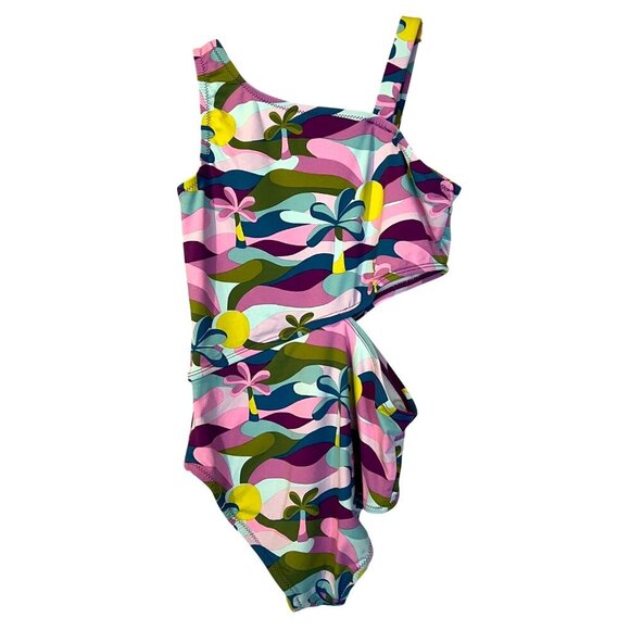 Garnet Hill Girls One Piece Swimsuit 10 Palm Print Multicolor Tropical Vacation - Picture 2 of 4